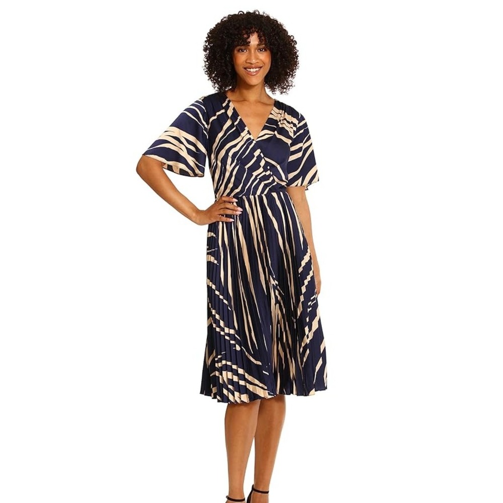 New Maggy London Pleated Skirt Light Charmeuse Abstract Midi Dress Navy Blue 10